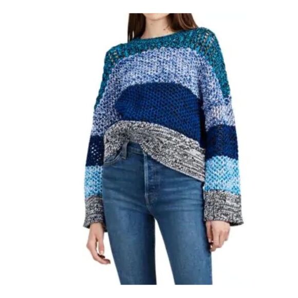 DEREK LAM 10 CROSBY Blue Gray Gradient Knit Boxy Wide Sleeve Crew Sweater Small - Picture 1 of 6